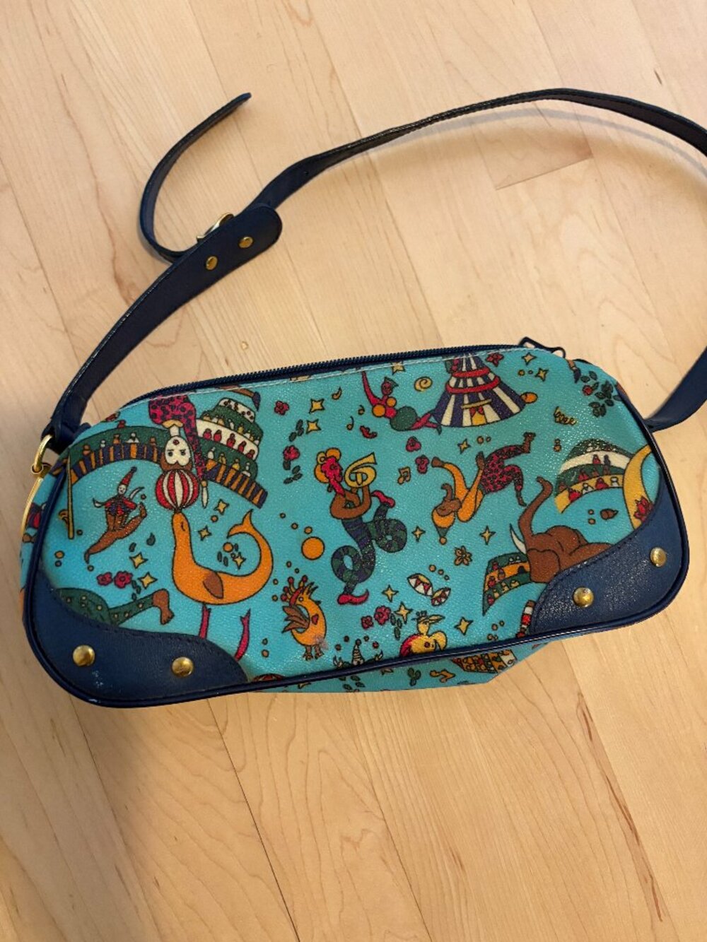 Piero Guidi Magic Circus Turquoise Shoulder Bag Navy Leather Gold Italy Y2K